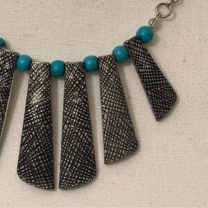 Silver Tone Fringe Statement Necklace Turquoise Beads Boho Southwestern Tribal